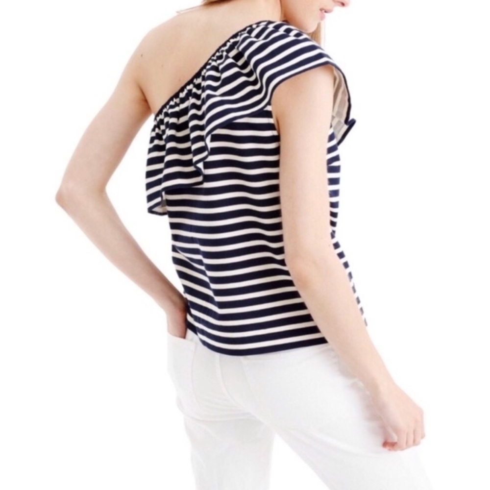 J. Crew One Shoulder Ruffle Navy and White Striped Top Size XXS